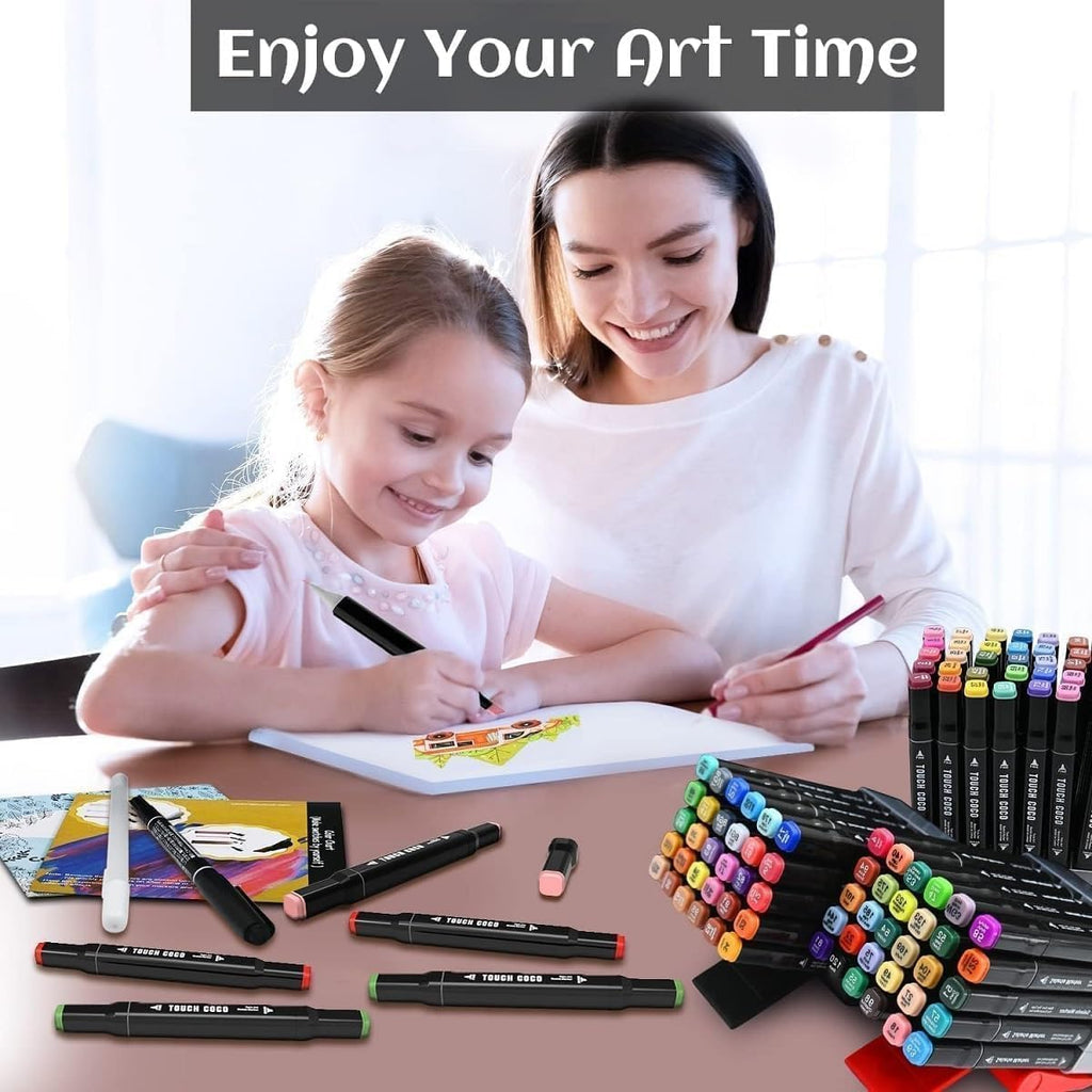 Woman and child drawing with markers on a table, surrounded by art supplies.