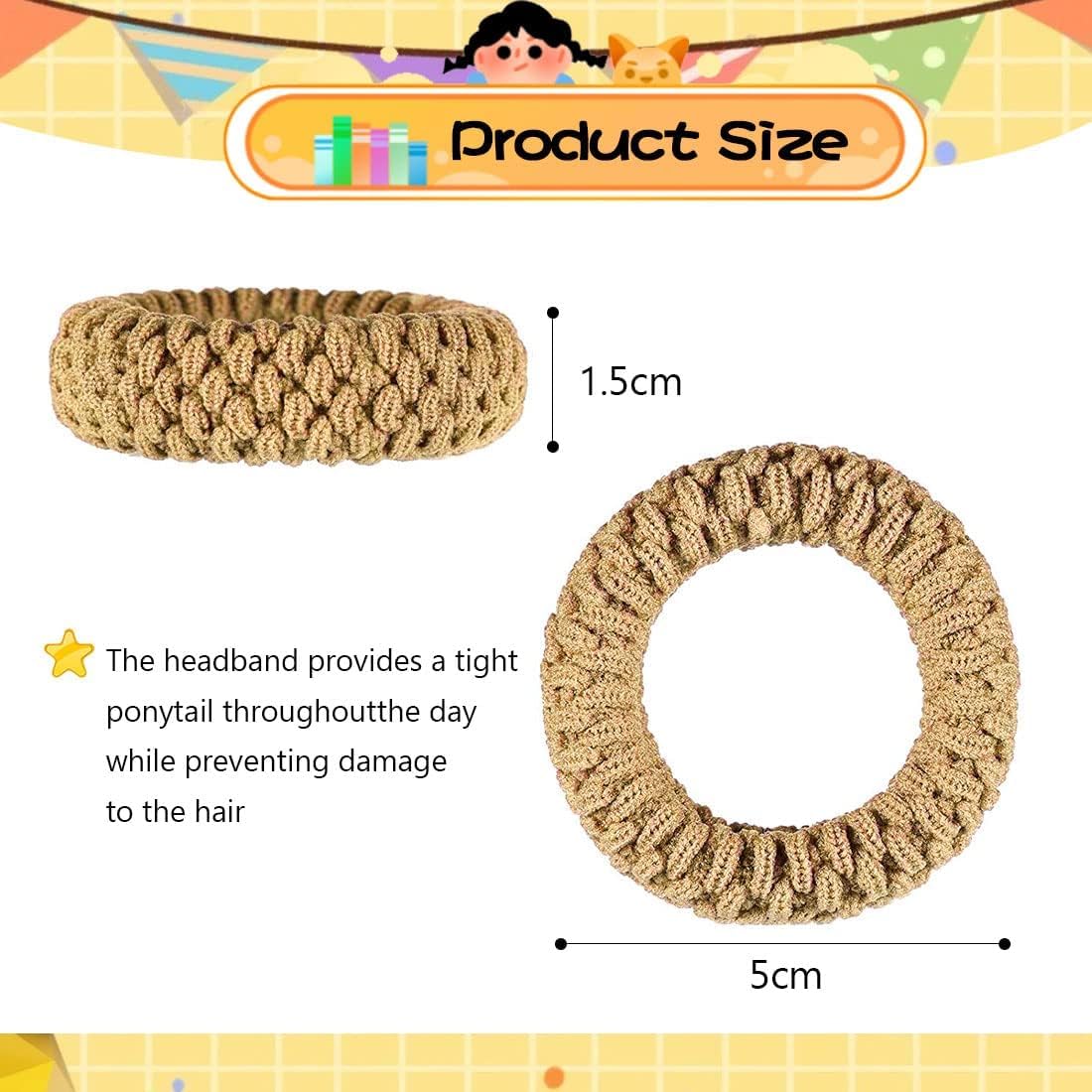 Set of 6 thick, soft no damage hair ties from 7AGAT, seamless elastic ponytail holders for women and girls.