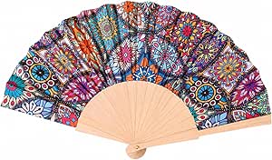 Vintage pattern fabric folding hand fan with wooden handle, colorful decorative design, perfect for summer cooling.