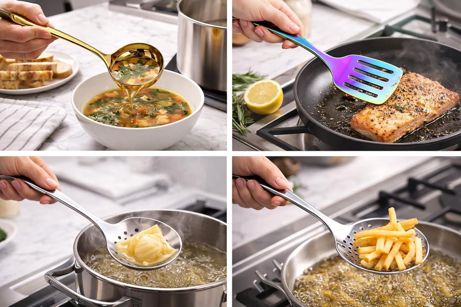 7AGAT stainless steel kitchen utensil with ergonomic handle, heat resistant, rust-resistant, dishwasher safe, in silver, gold, and rainbow finishes.