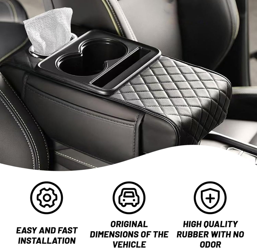 Car Armrest Cover Organizer, Leather, Rhombus Padded Style, with 2 Cup Holders and Tissue Opening, 35 x 20 x 8 cm