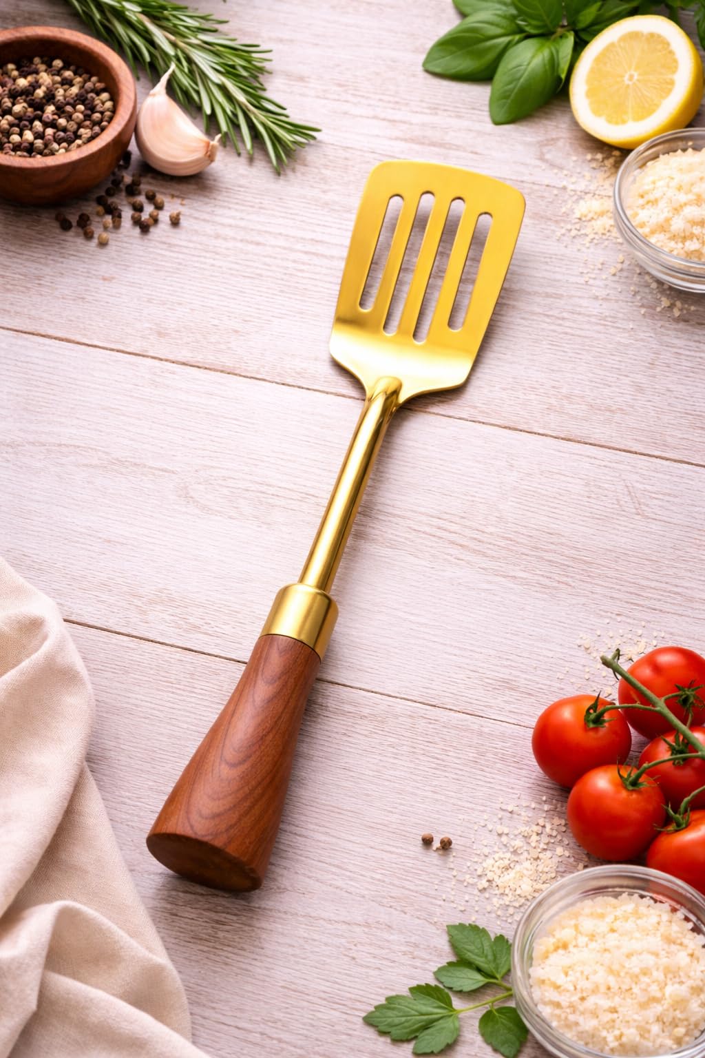 7AGAT stainless steel kitchen utensil with ergonomic handle, heat resistant, dishwasher safe for frying, serving, and cooking.
