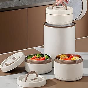 Stackable 7AGAT Shopping thermal lunch box with 3 layers, stainless steel and BPA-free plastic, leak-proof beige and brown design