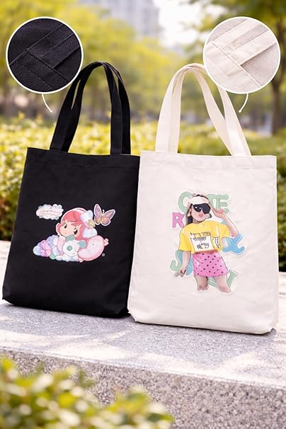 Set of two 7AGAT canvas tote bags with black and white designs, reusable fabric shopping and college bags shown side by side.