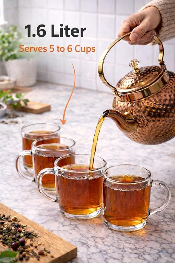 Hammered copper stainless steel tea kettle with removable infuser, 1.6L, stovetop safe, ideal for making 5-6 cups of tea or coffee.