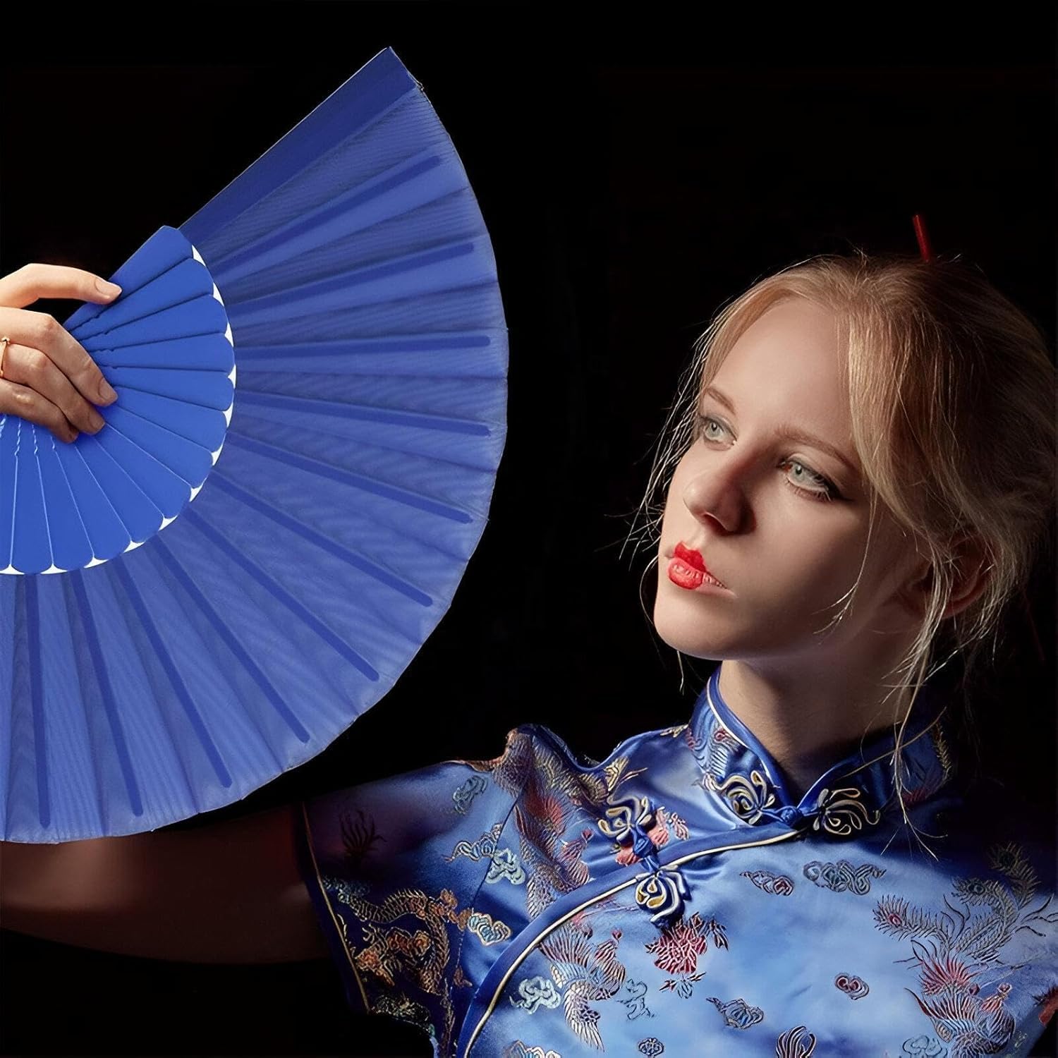 7AGAT classic silk fabric handheld folding fan with Chinese and Spanish design, ideal for weddings, parties, dance, and home decor.