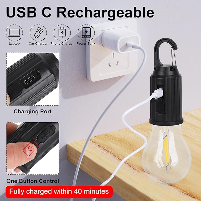 Rechargeable LED Light Bulb with Type-C Charging, 3 Lighting Modes and Hanging Hook for Home, Emergency and Camping