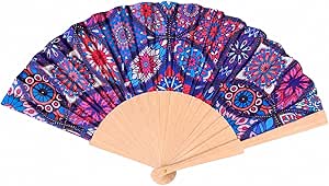 7AGAT folding wooden handle hand fan with vintage fabric pattern, colorful decorative design, perfect for summer cooling and portability.