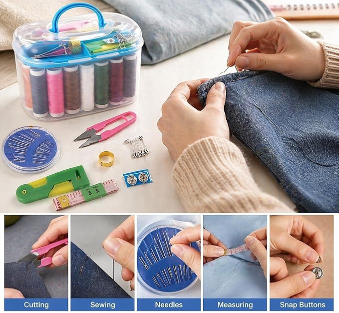 Sewing kit with colorful thread spools, needles, scissors, pins, and portable storage case for home or travel by 7AGAT