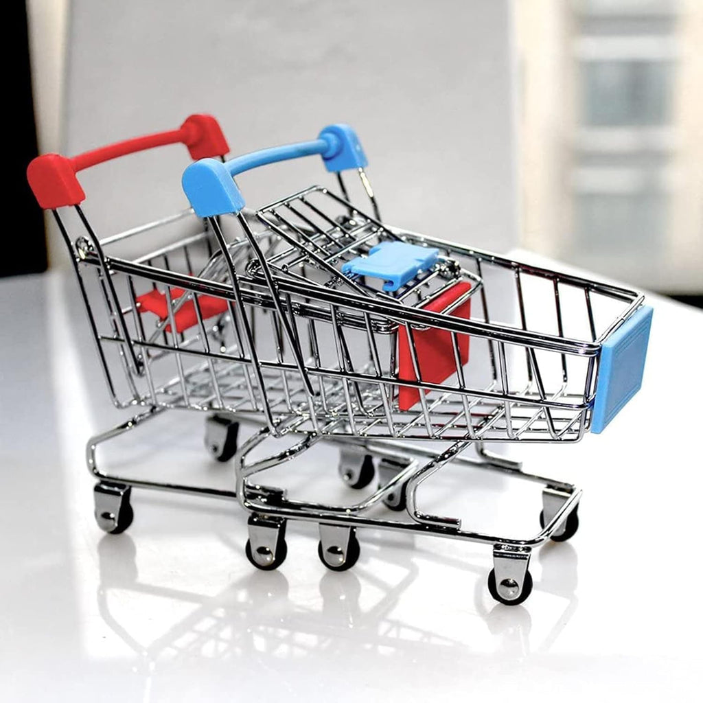 Mini metal shopping cart set with rolling wheels, desktop organizer and decorative basket for gifts, candy, and party favors by 7AGAT.