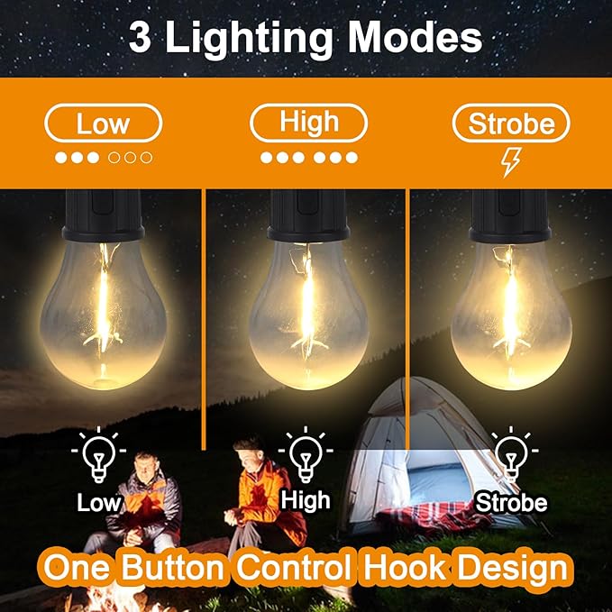 Rechargeable LED Light Bulb with Type-C Charging, 3 Lighting Modes and Hanging Hook for Home, Emergency and Camping