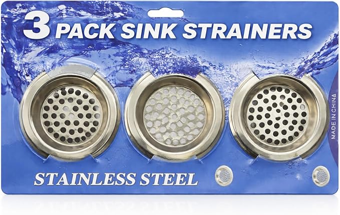 Set of three 7AGAT stainless steel sink strainers with rust-resistant, anti-clog filters for kitchen and bathroom drains.