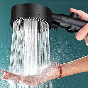 Black 7AGAT high pressure shower head with 6 adjustable spray settings and 22 cm length, bathroom fixture for a luxurious shower experience