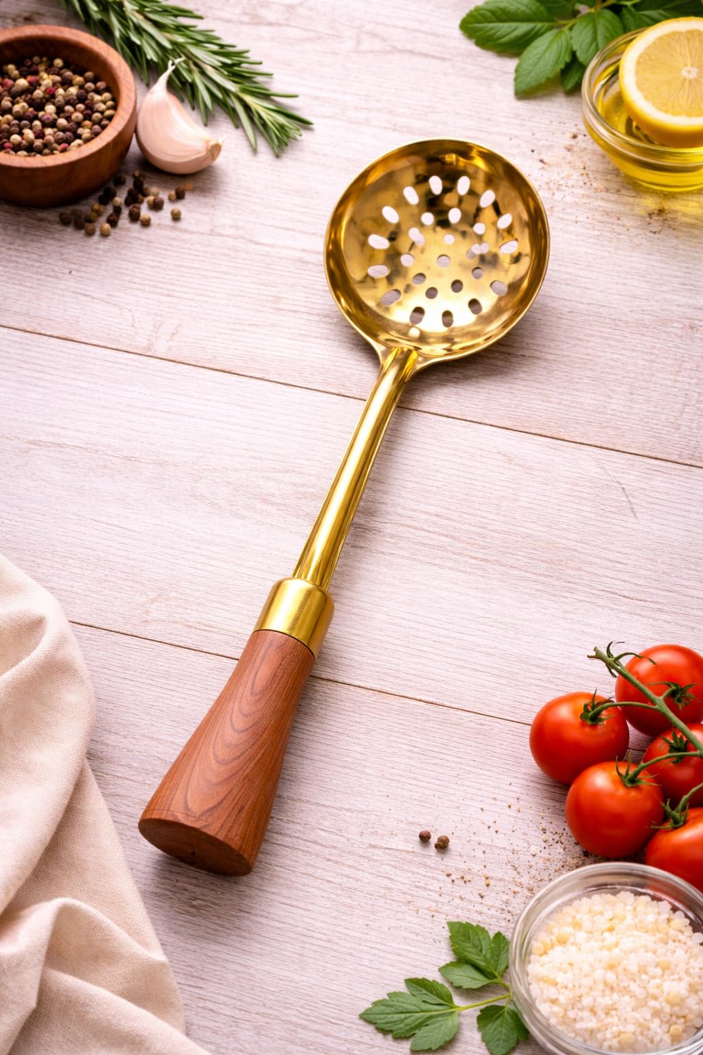 7AGAT stainless steel kitchen utensil with ergonomic handle, heat resistant, suitable for frying, serving, and cooking, dishwasher safe.