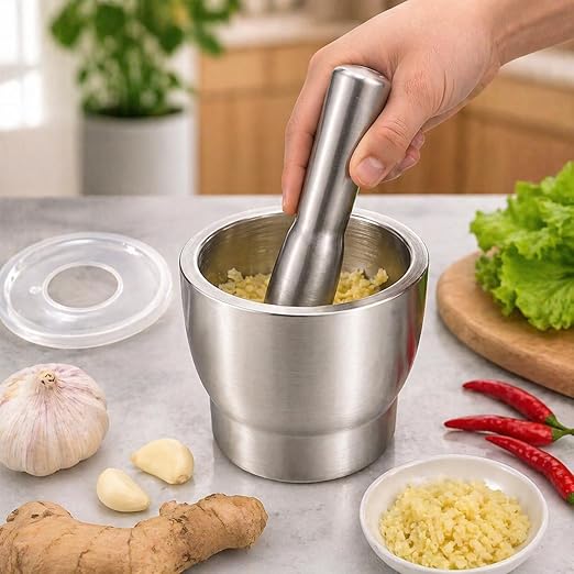 7AGAT stainless steel mortar and pestle set with lid, ideal for grinding spices, garlic, and herbs in durable kitchen tools.