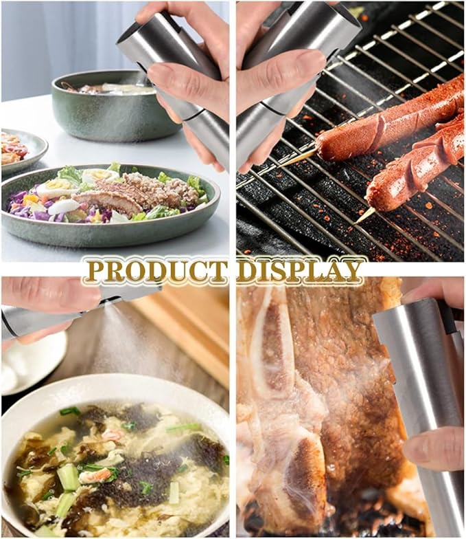 7AGAT stainless steel and plastic oil spray bottle with fine mist for cooking, grilling, baking, and air frying.