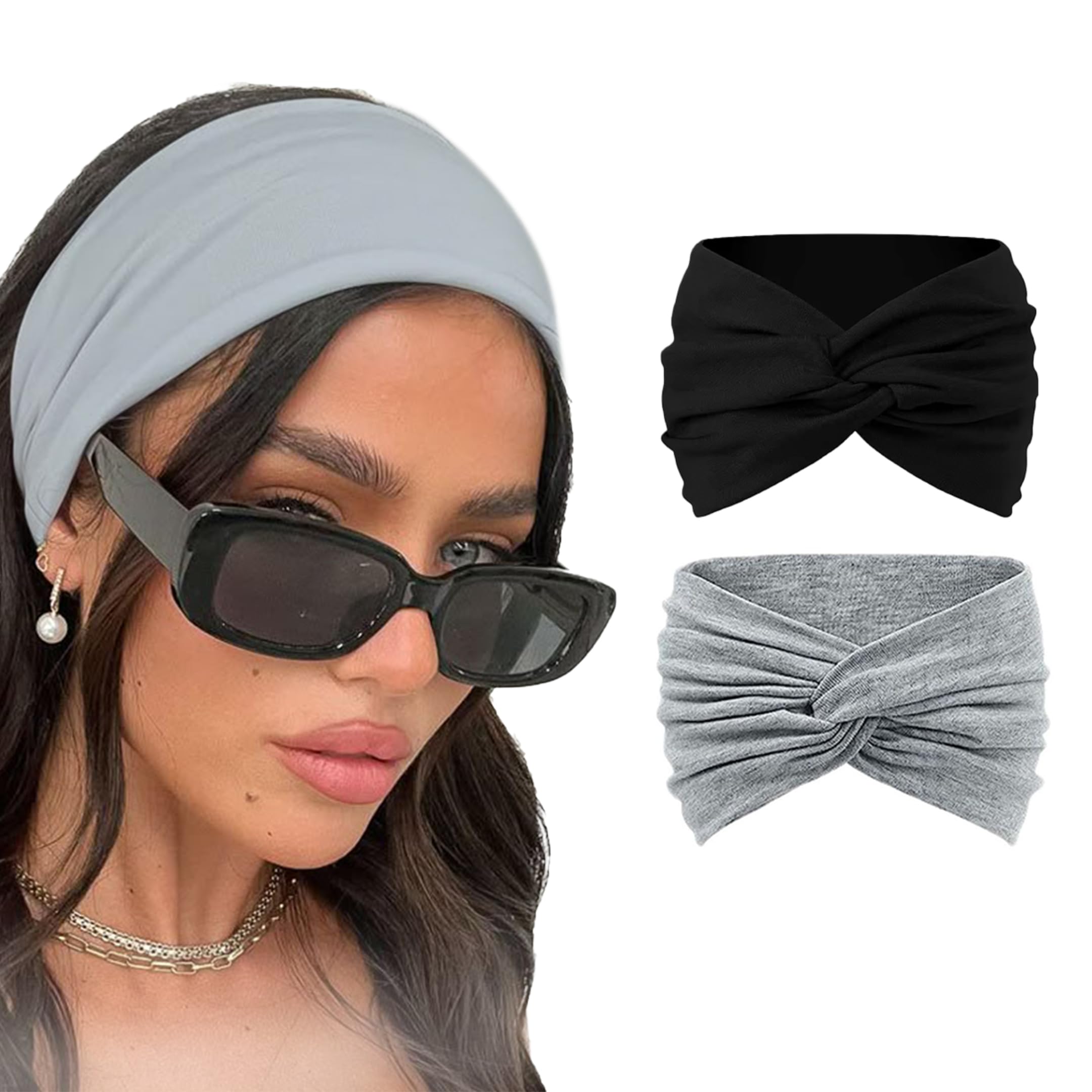 Two knitted cotton turban headbands for women and girls, featuring cute knots and soft 95% cotton fabric.