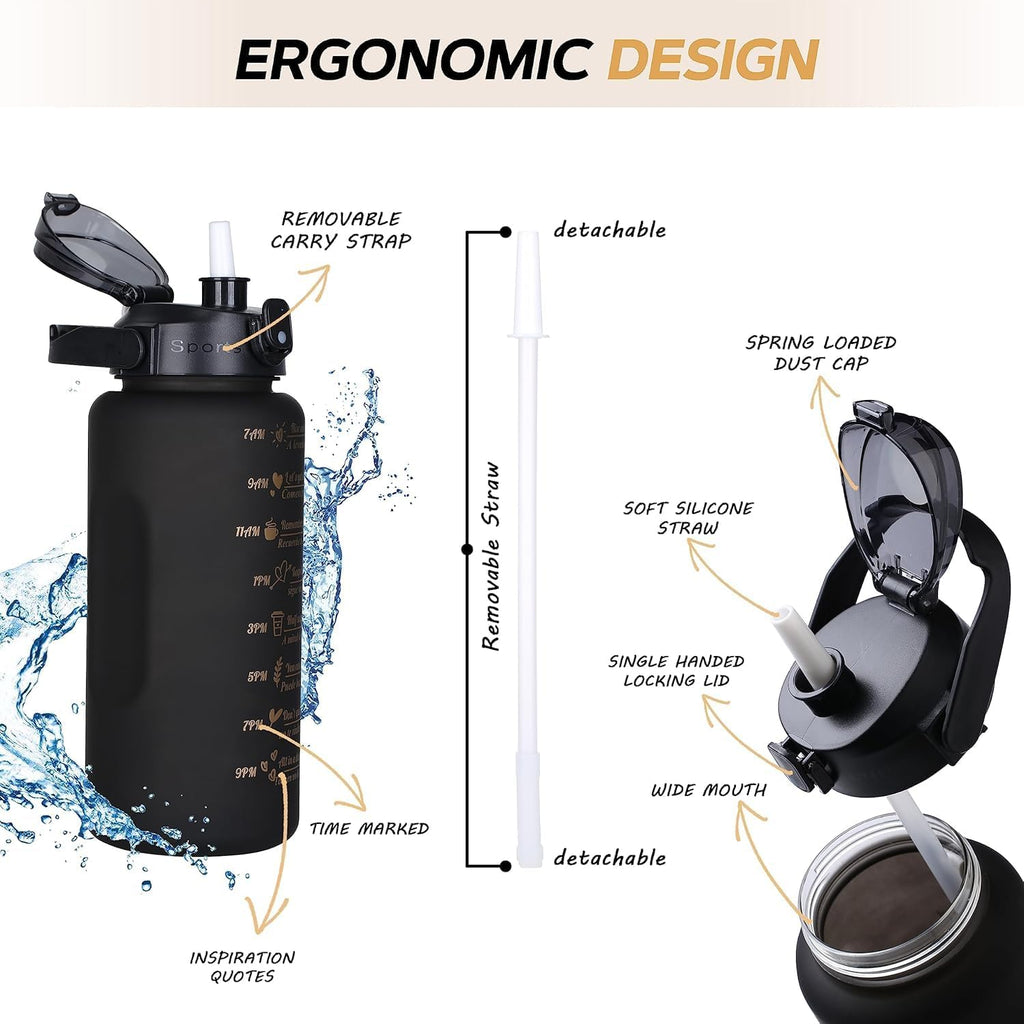 3-Piece Sports Water Bottle Set with Time Markers, Black, Flip-Top Lids and Carrying Handles for Gym, Work, Travel and Outdoor Use