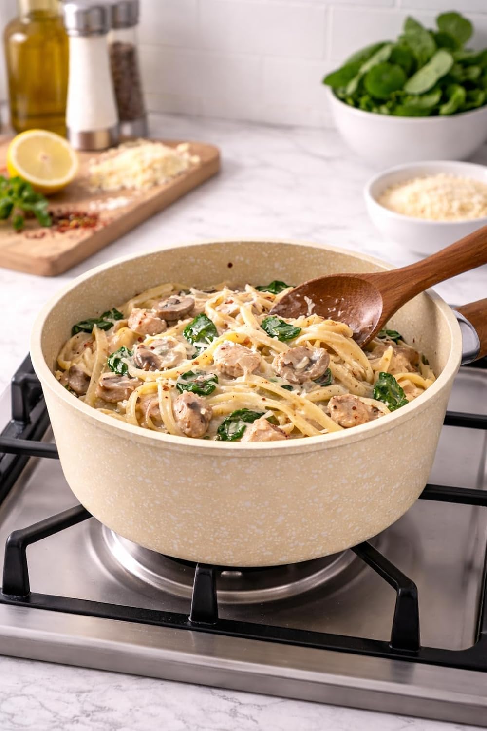 Non-stick saucepan with wooden handle, granite speckled coating, ideal for making sauces, soups, and pasta, easy to clean.