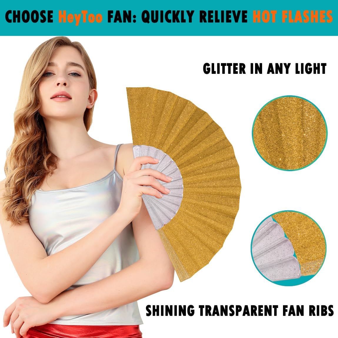 Elegant glitter folding hand fan by 7AGAT with sparkle design, lightweight and portable for parties and weddings.