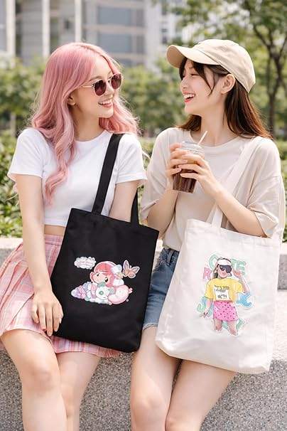 Set of two 7AGAT canvas tote bags with black and white designs, reusable fabric shopping and daily use handbags.