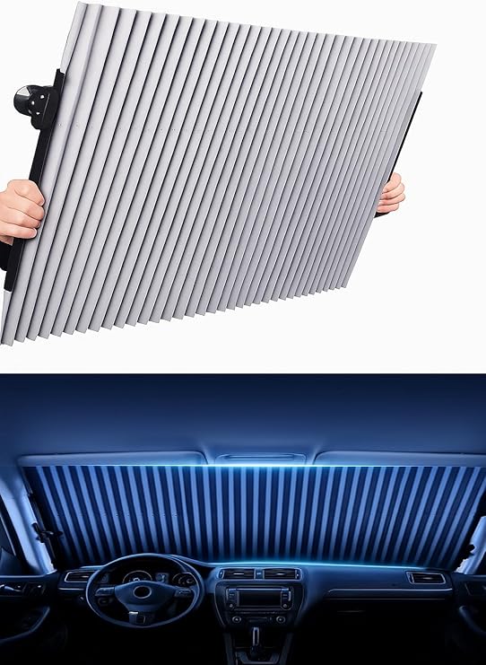 7AGAT retractable car windshield sun shade protecting front and rear windows from UV rays, easy to install and retract.