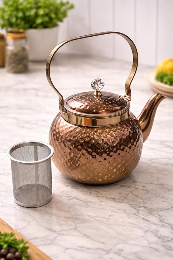 Hammered copper stainless steel tea kettle with removable infuser, 1.6L, stovetop safe, perfect for brewing tea or coffee for 5-6 cups.