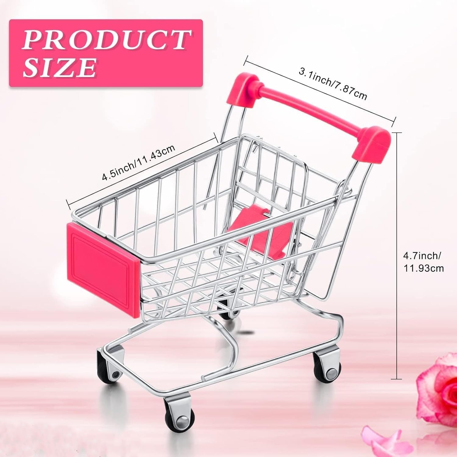 Mini metal shopping cart set with rolling wheels, used as desktop organizer and decorative basket for gifts, candy, and party favors.