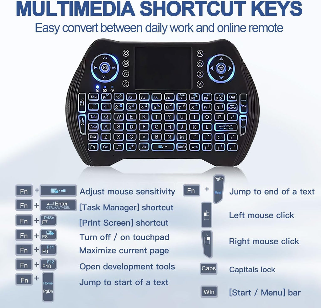 7AGAT mini wireless keyboard with touchpad, multimedia keys, and rechargeable battery for Android TV, PC, and gaming consoles.