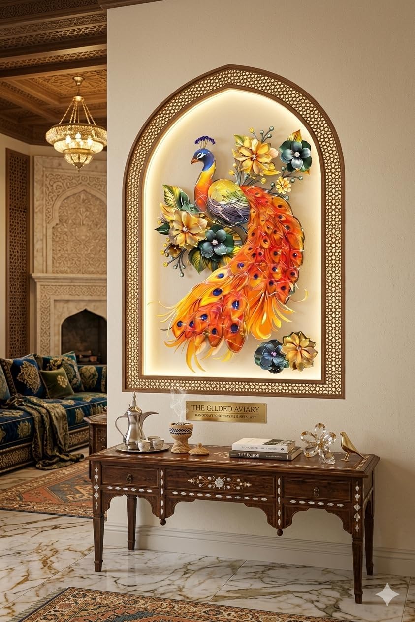 7AGAT 3D peacock wall sticker with gold frame, realistic luxury wallpaper decor, 30x40 cm niche effect with spotlight.