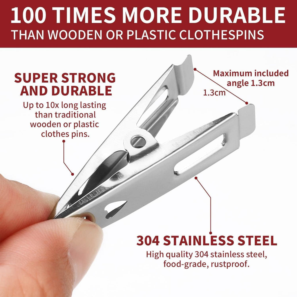 Heavy-duty stainless steel clothespins by 7AGAT, rustproof silver laundry clips for all fabric types, multi-purpose clothes pins.