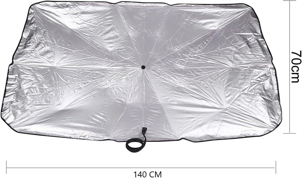 7AGAT car windshield sunshade umbrella, foldable UV protection with reflective coating, universal fit shown in use on vehicle windshield.