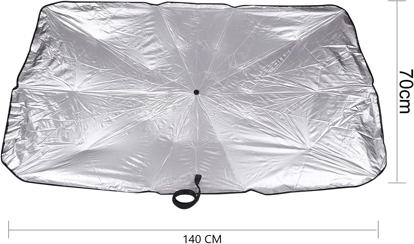 7AGAT car windshield sunshade umbrella, foldable UV protection with reflective coating, universal fit shown in use on vehicle windshield.
