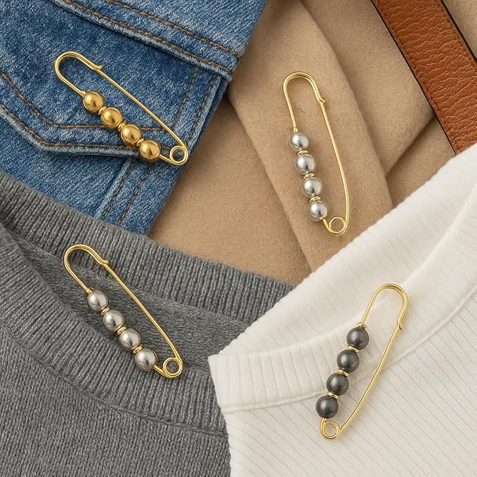 Decorative 7AGAT hijab safety pin with beaded design and crystal accents, stylish multi-purpose hijab pin in silver tone.