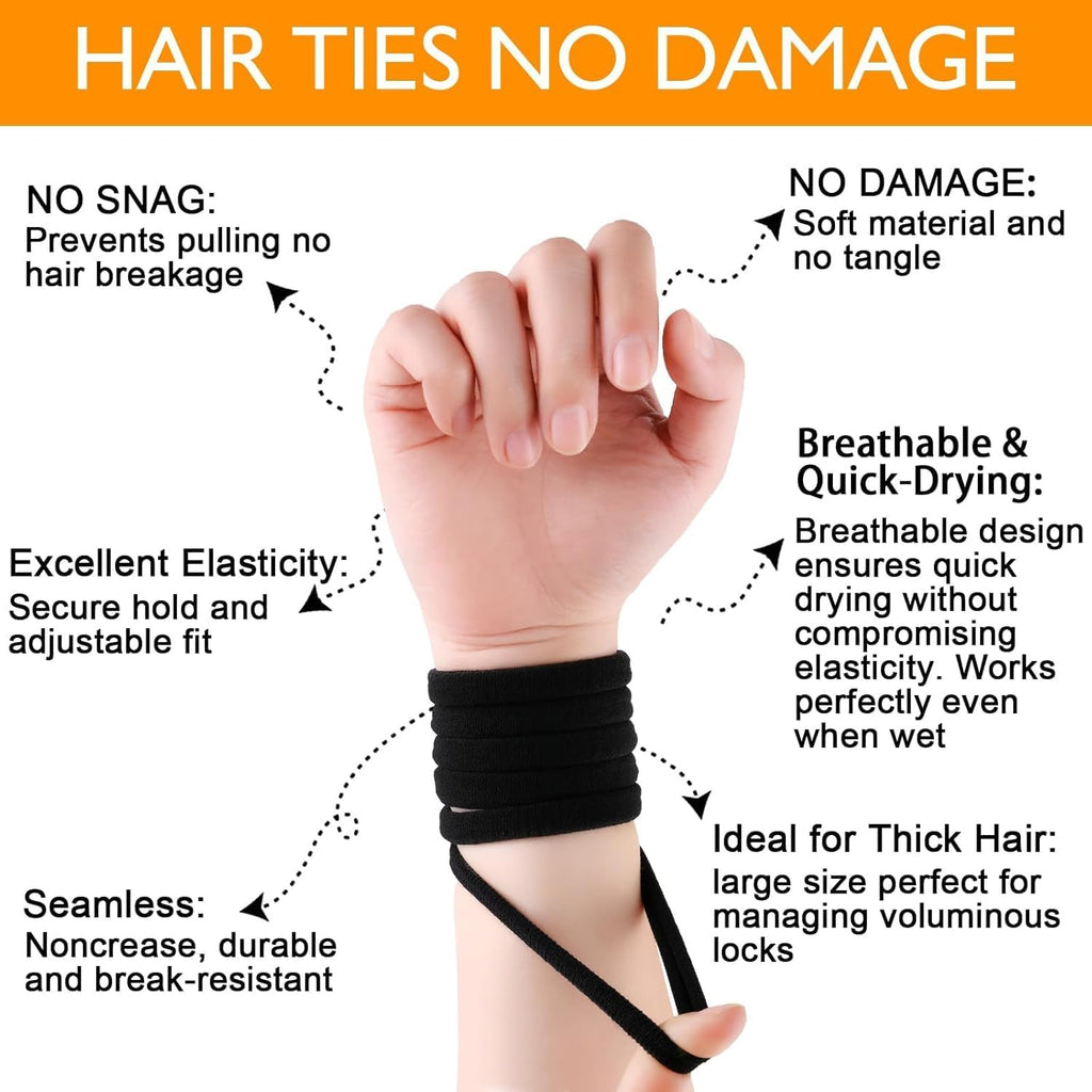 Seven seamless cotton elastic hair ties for women, thick ponytail holders that prevent damage and secure hair comfortably.
