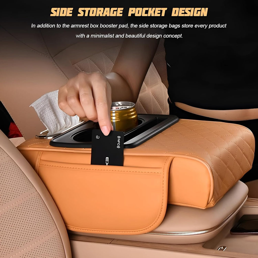 Car Armrest Cover Organizer, Leather, Rhombus Padded Style, with 2 Cup Holders and Tissue Opening, 35 x 20 x 8 cm
