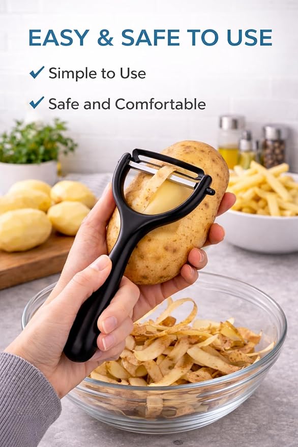 Black Y-shaped vegetable peeler with stainless steel blade and ergonomic plastic handle, ideal for potatoes, carrots, and fruits.