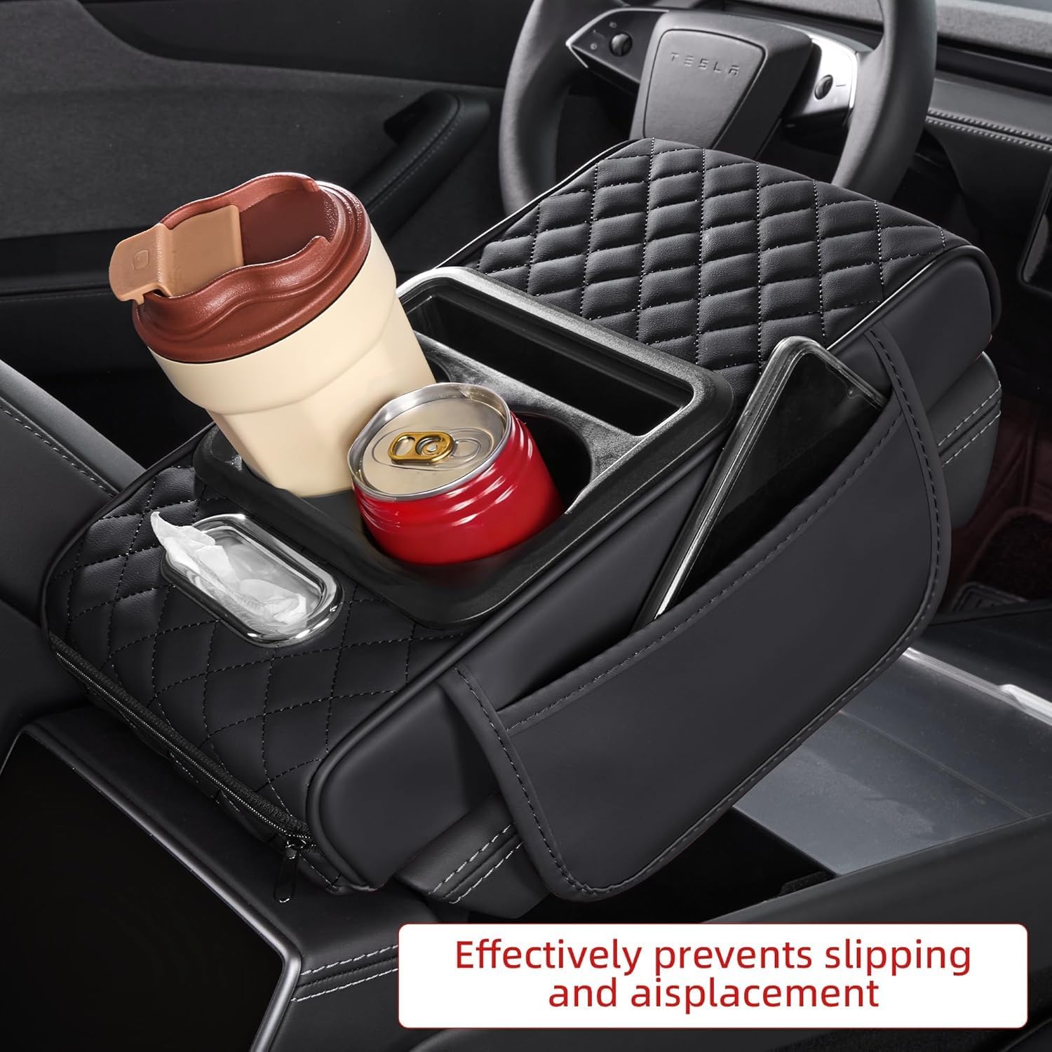 Car Armrest Cover Organizer, Leather, Rhombus Padded Style, with 2 Cup Holders and Tissue Opening, 35 x 20 x 8 cm