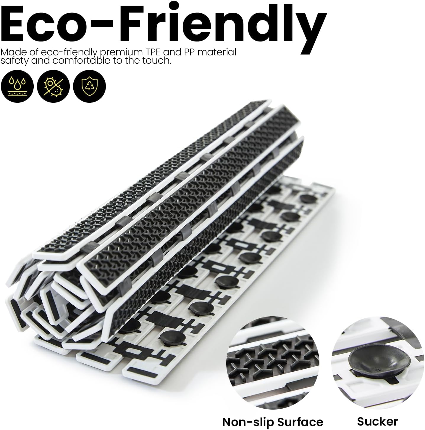 Premium PVC Plastic Anti-Slip Bath Mat, 70x38 cm, Non-Toxic, Quick-Drying, Suction Cups, Shower and Tub Safety (Black)