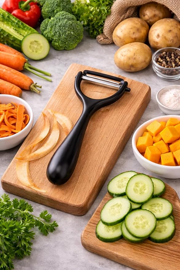 Black Y-shaped vegetable peeler with stainless steel blade and ergonomic plastic handle, ideal for potatoes, carrots, and fruits.