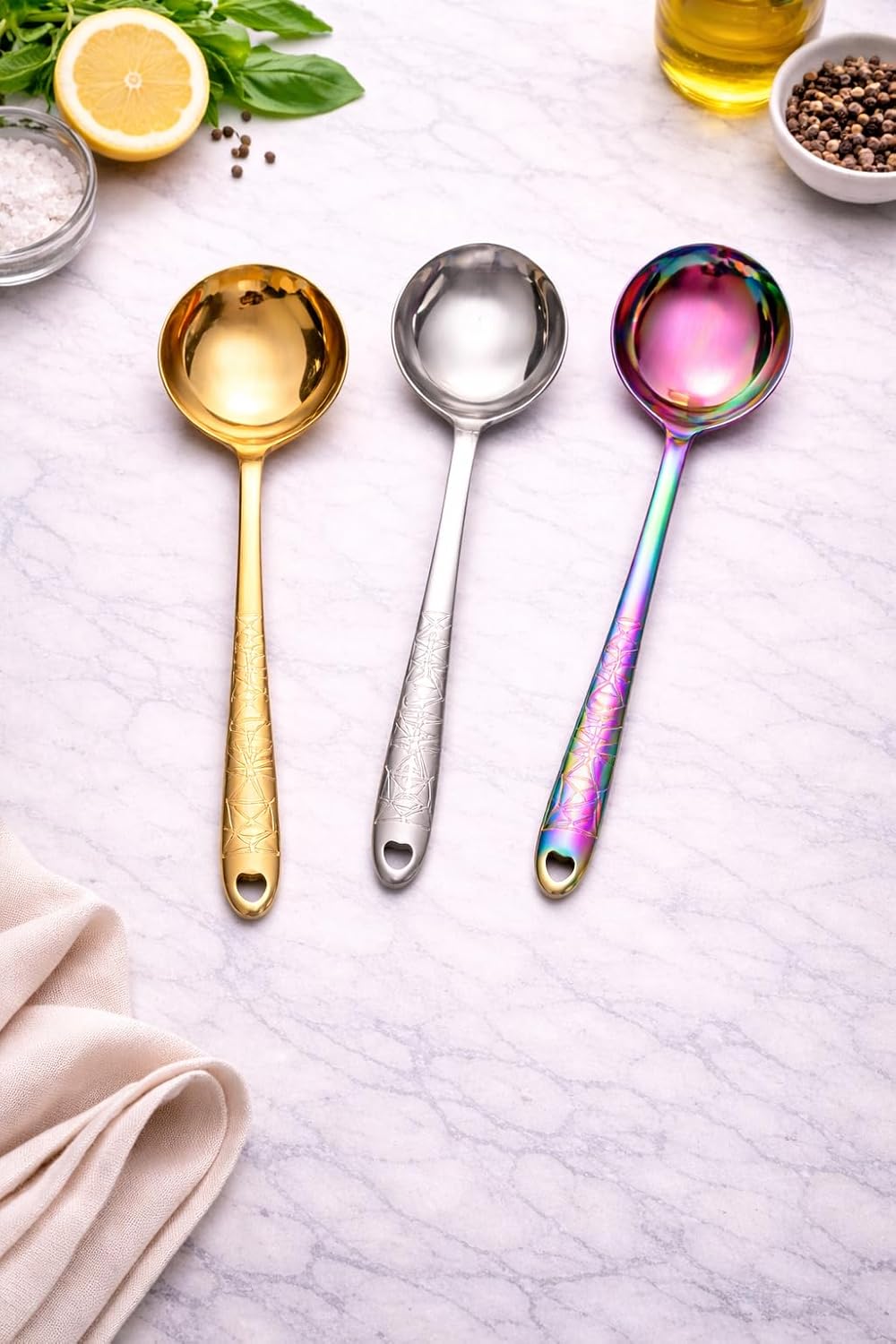 Stainless steel kitchen utensil from 7AGAT with ergonomic handle, heat and rust-resistant, in silver, gold, and rainbow finishes for daily cooking