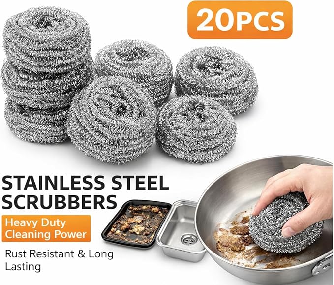 Set of 20 silver stainless steel scrubbers for pots, pans, and BBQ grills, heavy-duty, rust-resistant scouring pads by 7AGAT.
