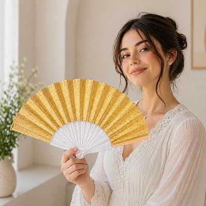 Elegant gold glitter folding hand fan by 7AGAT with multi-color design, lightweight and portable for parties and weddings.