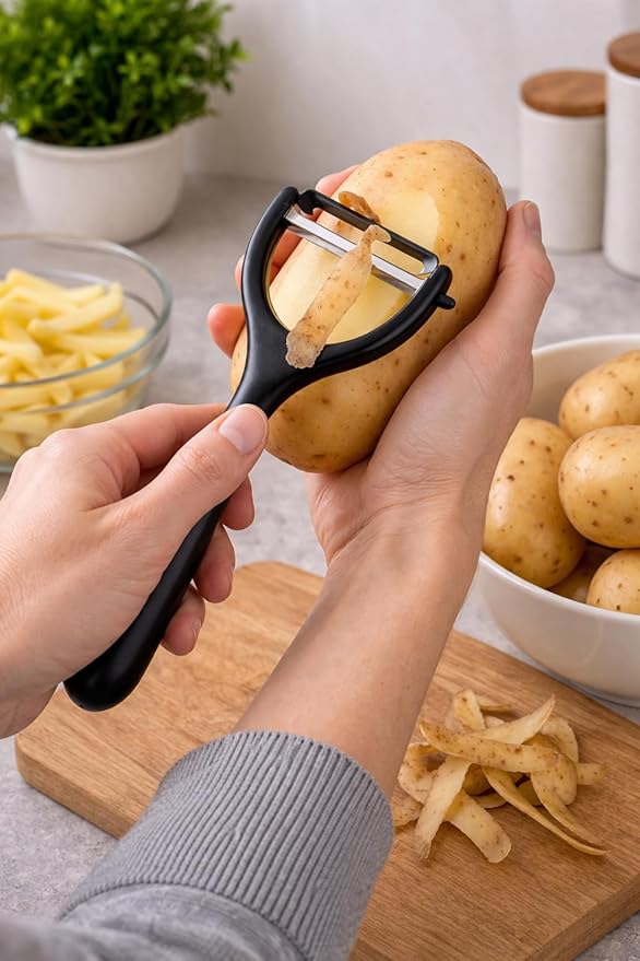 Black Y-shaped vegetable peeler with stainless steel blade and ergonomic plastic handle, ideal for potatoes, carrots, and fruits.
