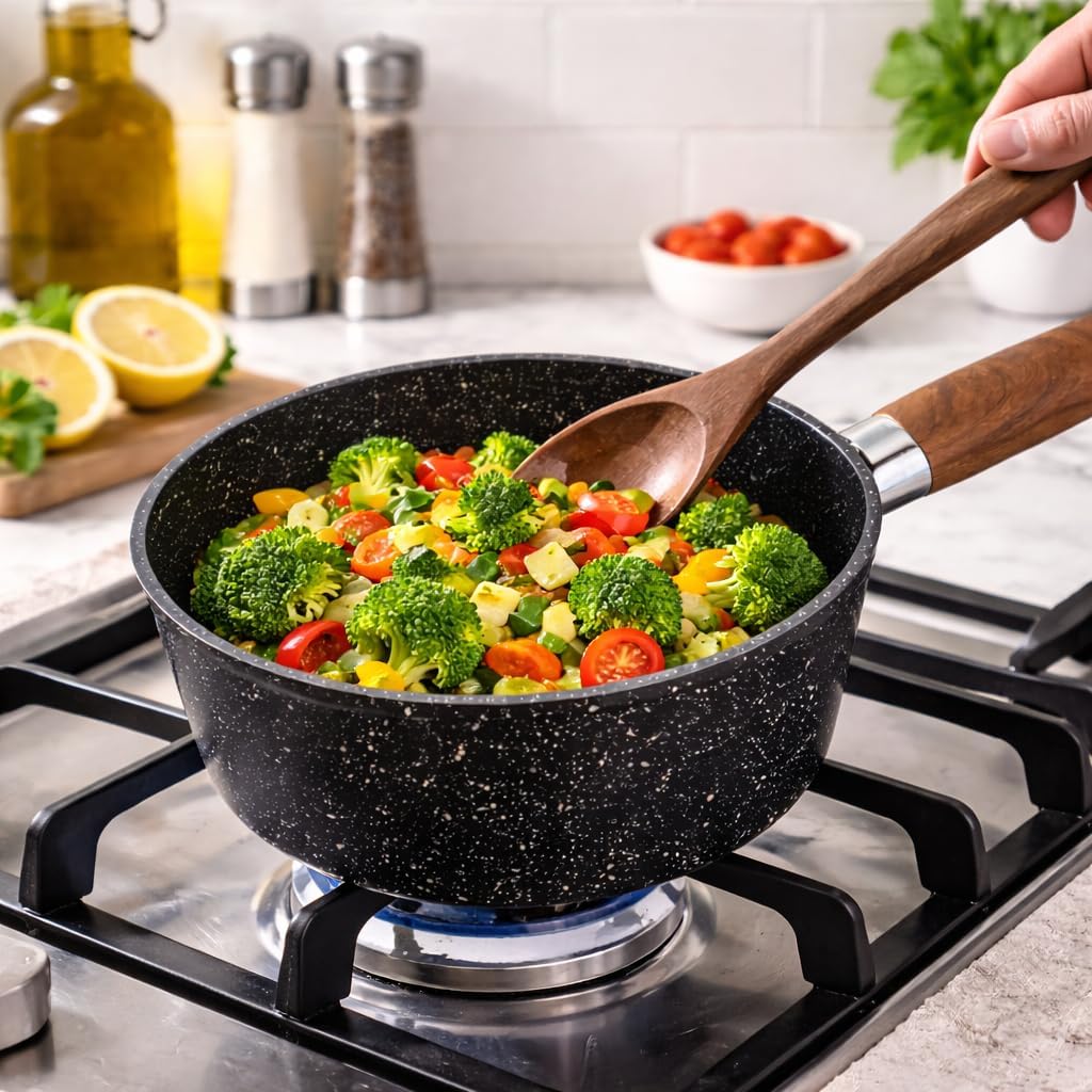 Granite speckled non-stick saucepan with wooden handle, ideal for sauces, soups, and pasta, easy to clean, by 7AGAT.