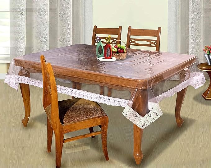 Transparent PVC table cover with lace edges from 7AGAT, waterproof and easy to clean for dining tables.