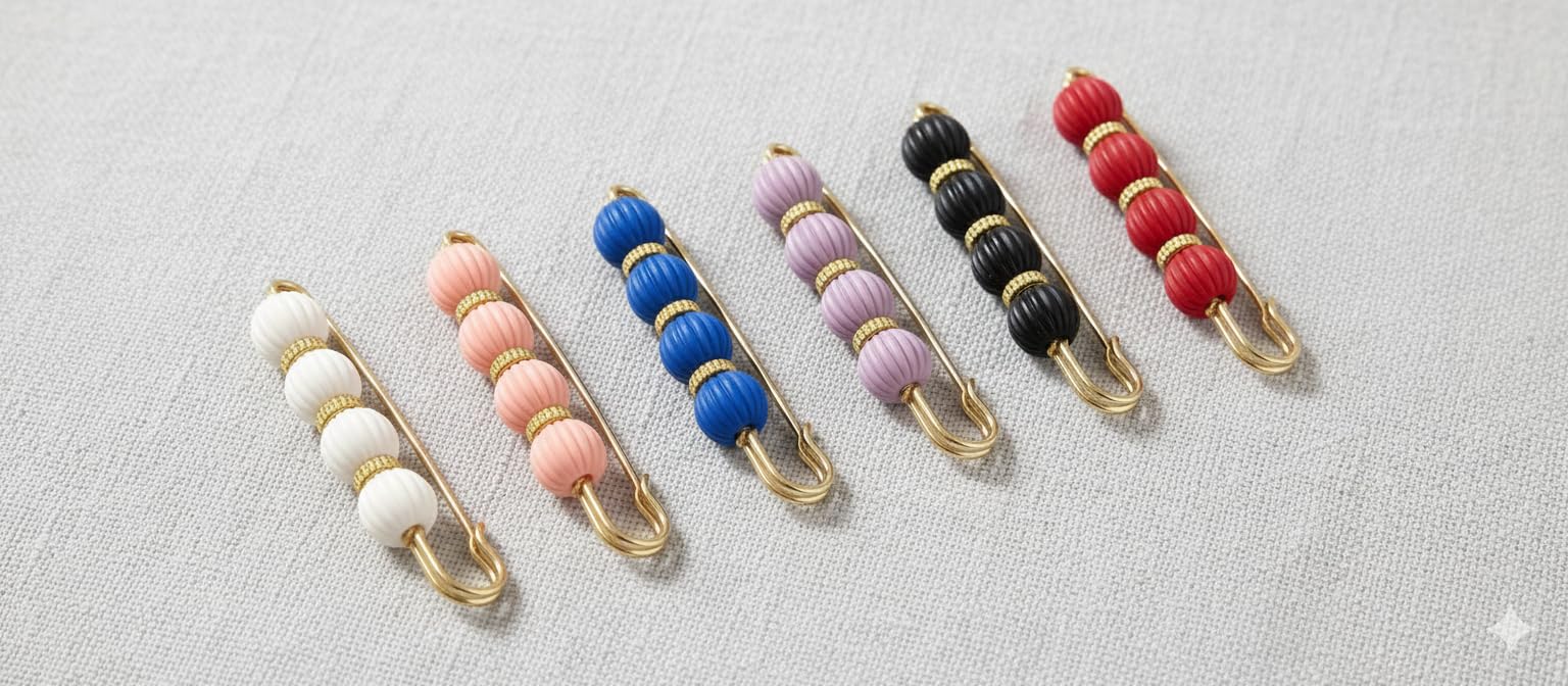 Decorative 7AGAT hijab safety pin with beaded design and crystal accents, stylish multi-purpose hijab pin accessory.