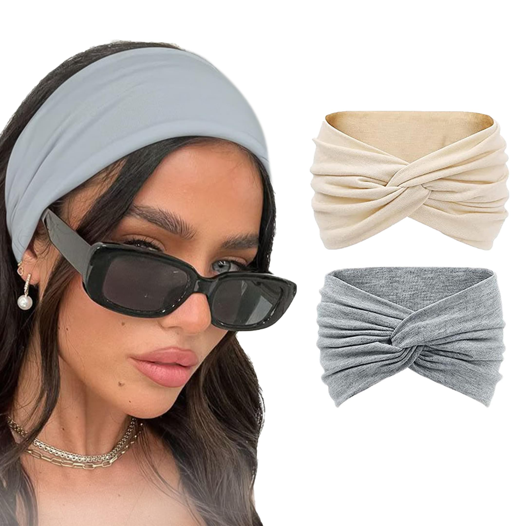 Two knitted cotton headbands with cute knots, 7AGAT brand, in neutral colors, designed for women and girls as stylish headwrap accessories.