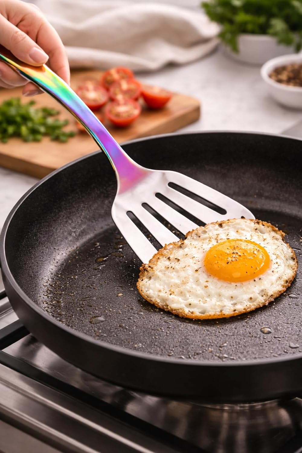 7AGAT stainless steel kitchen utensil with ergonomic handle, heat resistant, rust-resistant, dishwasher safe in silver, gold, and rainbow finishes.
