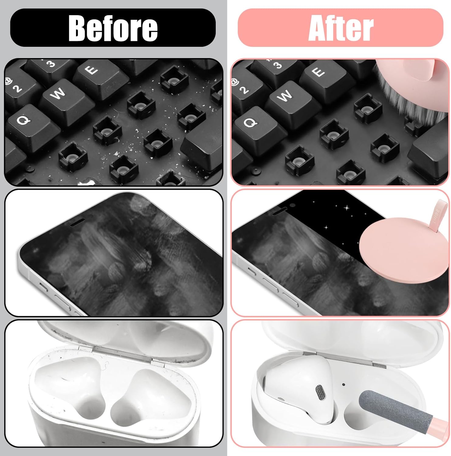 7AGAT laptop and electronic device cleaner kit with brushes, spray, and tools for screens, keyboards, and earbuds in assorted colors.